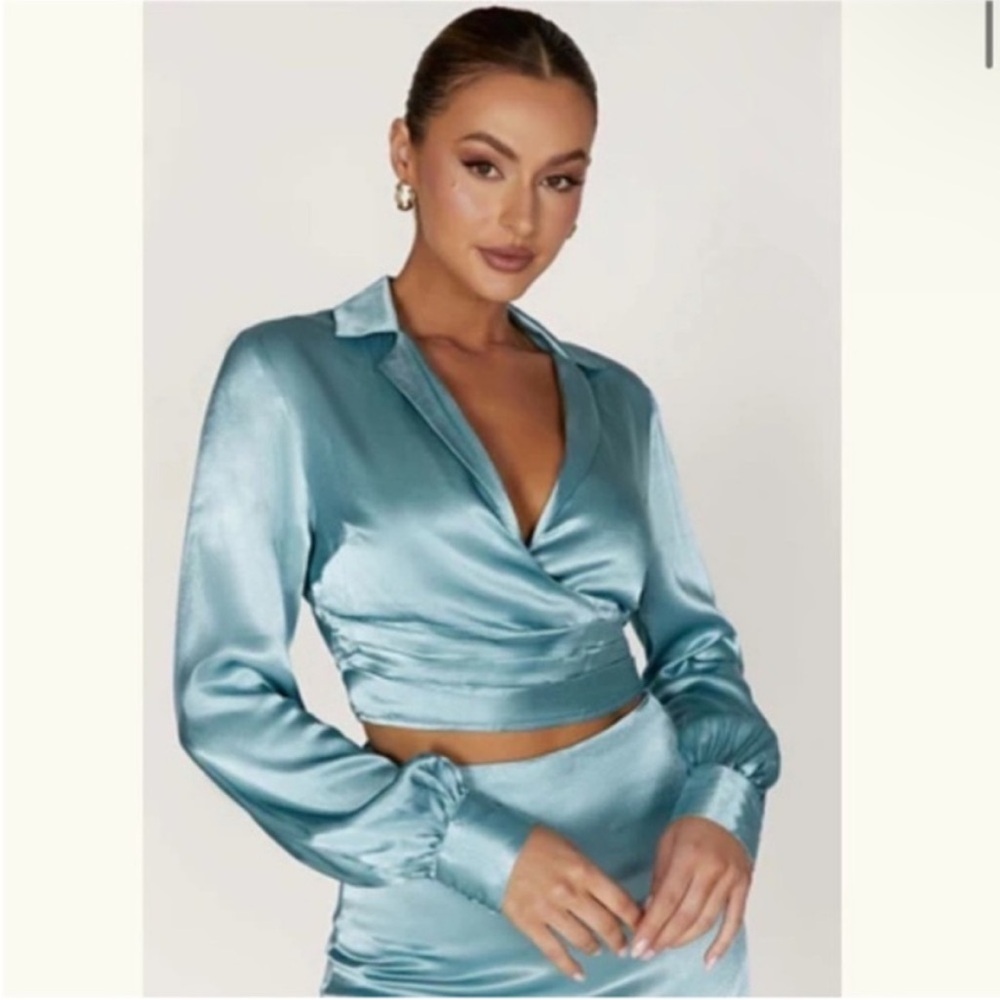Meshki Blue Mini Skirt with Long Sleeve Wrap Style Top SET